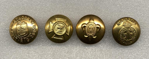 Examples of Regimental buttons. Left to right,  Lord Strathcona’s Horse,  Hastings and Prince Edward Regiment, Regiment de Maisonneuve and the General Service button