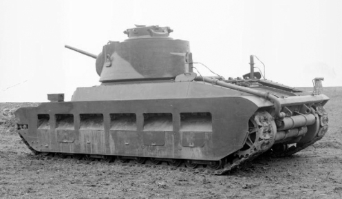 A 3/4 rear view of the pilot model Infantry Tank Mark II, Matilda II (A12), designated A12EA1 (barring the Road Registration number HMH 786). This pilot model was delivered for trials in April 1938, to the British Mechanization Experimental Establishment, Farnborough, Hampshire. Source: IWM (KID 465).