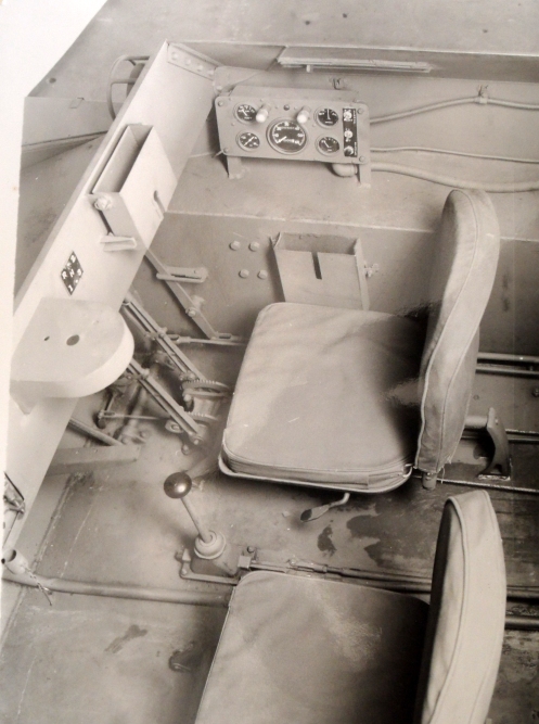 Crew compartment of the Tracked Jeep Mk.1, No. 1, photographed in June 1944. Note the driver is placed on the right side in accord with British practice. The co-driver operated a No.19 radio set (to be mounted under the dash) and a Bren light machine gun.
